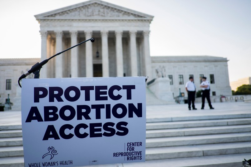 WASHINGTON, DC - June 27:  A podium awaits pro-choice speakers in front of the U.S. Supreme Court  on June 27, 2016 in Washington, DC. A ruling is expected in Whole Woman’s Health v. Hellerstedt, a Texas case the places restrictions on abortion clinics, as well as rulings in the former Virginia Governor's corruption case and a gun rights case. (Photo by Pete Marovich/Getty Images)