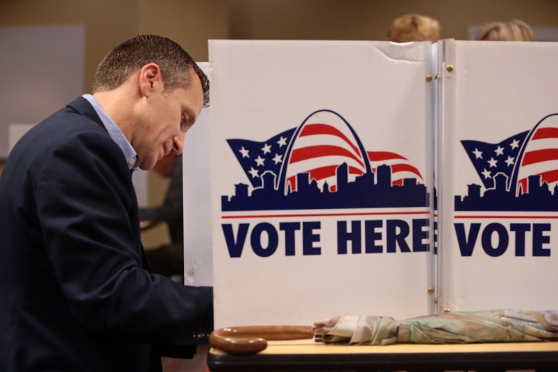 Republican gubernatorial candidate Eric Greitens makes his ballot selections on Tuesday, Nov. 8, 2016 at the St. Louis Public Library Schlafly branch in St. Louis, Mo. (Cristina M. Fletes/St. Louis Post-Dispatch/TNS)