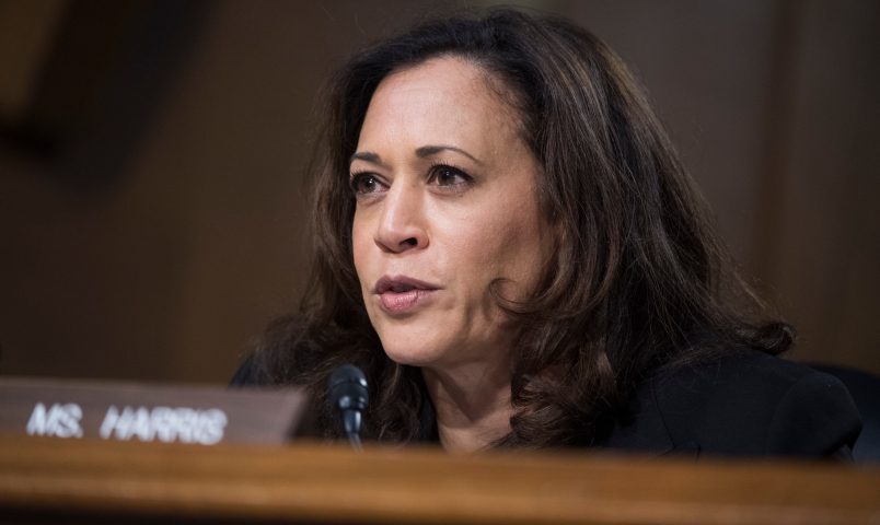 UNITED STATES - JANUARY 12: Sen. Kamala Harris, D-Calif., questions Rep. Mike Pompeo, R-Kan., nominee for director of the Central Intelligence Agency, during his Senate Select Intelligence Committee confirmation hearing in Dirksen Building, January 12, 2017. The hearing was moved from Hart Building due to a power outage. (Photo By Tom Williams/CQ Roll Call)