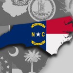 Illustration of the State of North Carolina silhouette map and flag. Its a JPG image.