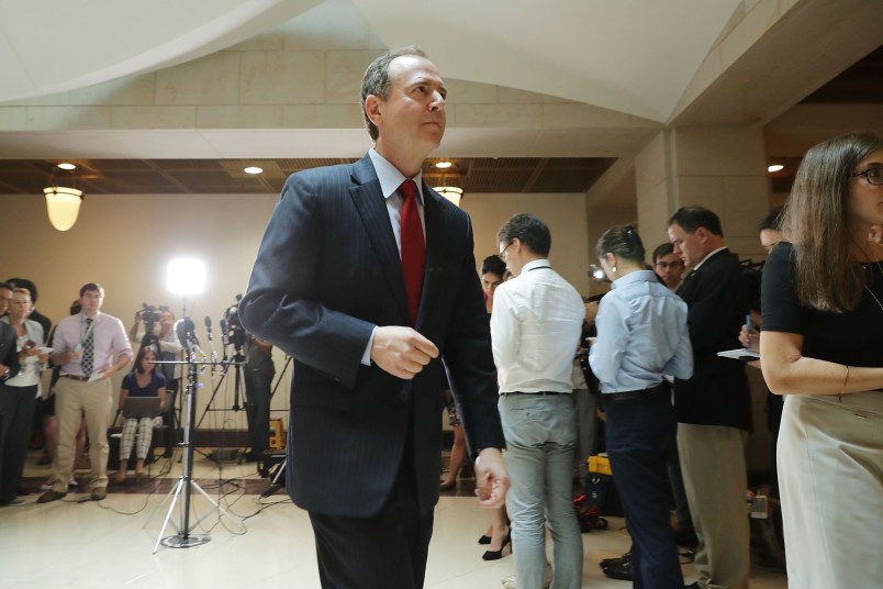 House Intelligence Committee ranking member Rep. Adam Schiff (D-CA) speaks to reporters about the recent disclosure of a meeting between Donald Trump, Jr. and a Russian lawyer during the presidential campaign in the Capitol Visitors Center July 11, 2017 in Washington, DC. Schiff said it was troubling that the Trump campaign did not tell the FBI that a Kremlin-connected Russian lawyer reached out to them with an offer of information that would help their campaign against Hillary Clinton.