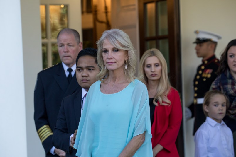 White House counselor Kellyanne Conway, stands by as reporters speak to attendees of the event combatting drug demand and the opioid crisis, outside the West Wing of the White House, on Thursday October 26th, 2017. (Photo by Cheriss May/NurPhoto)