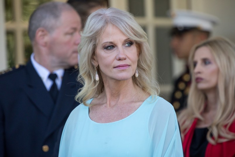 White House counselor Kellyanne Conway, stands by as reporters speak to attendees of the event combatting drug demand and the opioid crisis, outside the West Wing of the White House, on Thursday October 26th, 2017. (Photo by Cheriss May/NurPhoto)