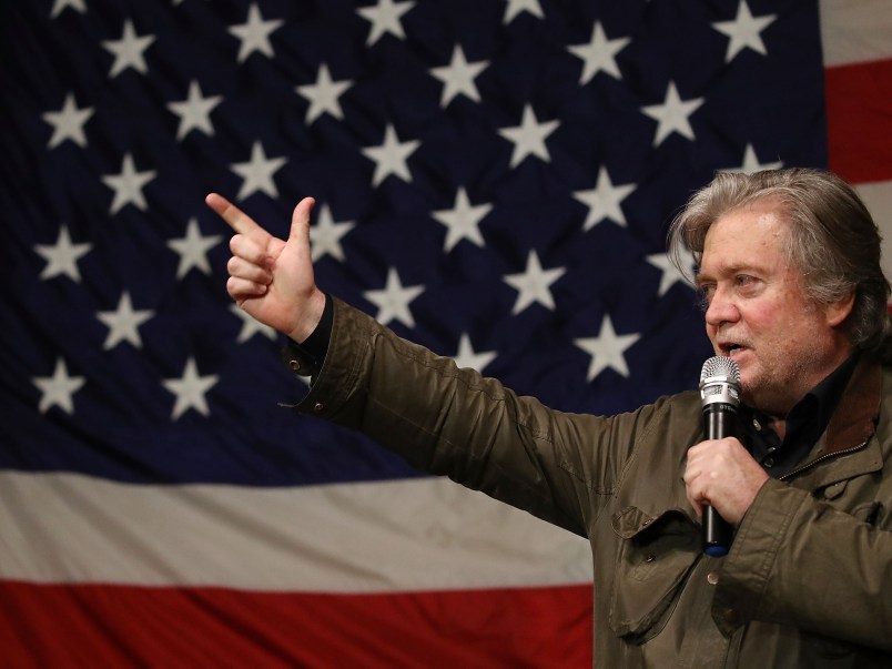 Republican Senatorial candidate Roy Moore stands with Steve Bannon during a campaign event at Oak Hollow Farm on December 5, 2017 in Fairhope, Alabama. Mr. Moore is facing off against Democrat Doug Jones in next week's special election for the U.S. Senate.