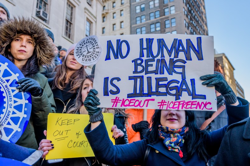 BROOKLYN BOROUGH HALL, BROOKLYN, NY, UNITED STATES - 2017/12/07: The Association of Legal Aid Attorneys - UAW Local 2325 (ALAA), along with dozens of unions, immigrant rights organizations, and community groups held a rally on December 7, 2017 at Brooklyn Borough Hall to call on the Office of Court Administration (OCA) and Chief Judge Janet DiFiore to immediately implement a policy to prohibit Immigration & Customs Enforcement agents from entering state courthouses, and to end coordination with ICE.  Enacting these policies would help solidify New York City and New York State’s “Sanctuary” status and make sure that our courthouses are places of justice rather than fear. (Photo by Erik McGregor/Pacific Press/LightRocket via Getty Images)