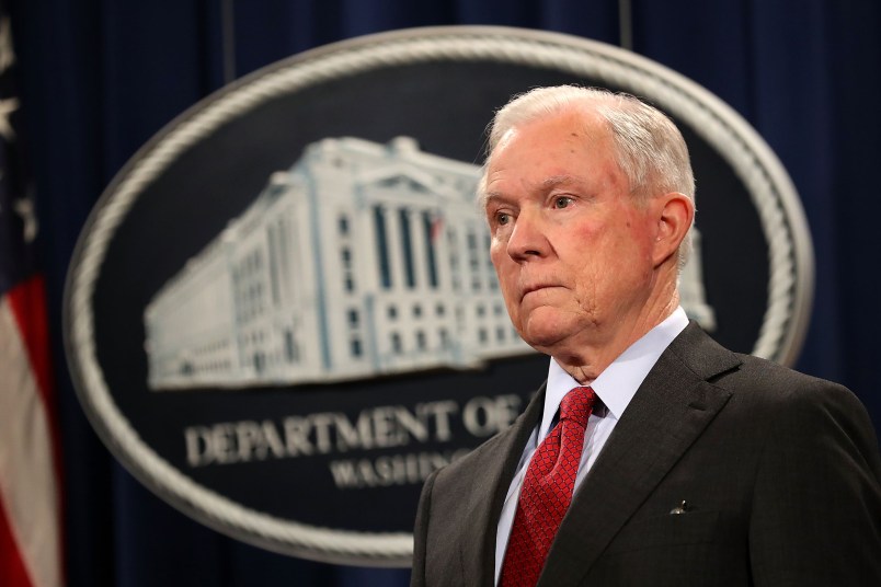 U.S. Attorney General Jeff Sessions holds a news conference at the Department of Justice December 15, 2017 in Washington, DC. Sessions called the question-and-answer session with reporters to highlight his department's fight to reduce violent crime.