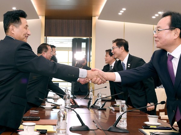 In this handout image provided by South Korean Unification Ministry,  on January 17, 2018 in Panmunjom, South Korea.