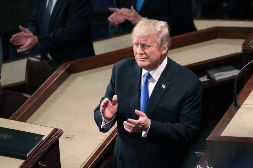 during the State of the Union address in the chamber of the U.S. House of Representatives January 30, 2018 in Washington, DC. This is the first State of the Union address given by U.S. President Donald Trump and his second joint-session address to Congress.