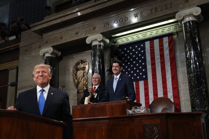 during the State of the Union address in the chamber of the U.S. House of Representatives January 30, 2018 in Washington, DC. This is the first State of the Union address given by U.S. President Donald Trump and his second joint-session address to Congress.