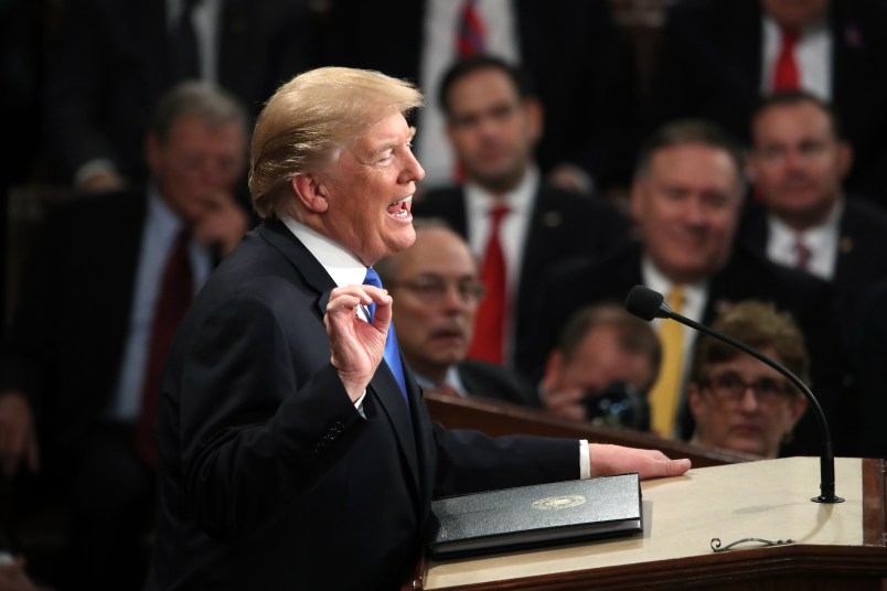 during the State of the Union address in the chamber of the U.S. House of Representatives January 30, 2018 in Washington, DC. This is the first State of the Union address given by U.S. President Donald Trump and his second joint-session address to Congress.