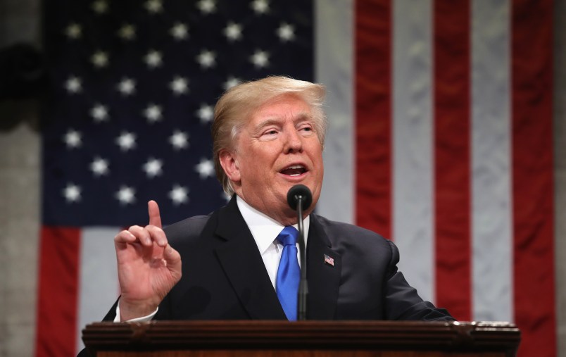 during the State of the Union address in the chamber of the U.S. House of Representatives January 30, 2018 in Washington, DC. This is the first State of the Union address given by U.S. President Donald Trump and his second joint-session address to Congress.