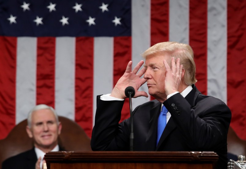 during the State of the Union address in the chamber of the U.S. House of Representatives January 30, 2018 in Washington, DC. This is the first State of the Union address given by U.S. President Donald Trump and his second joint-session address to Congress.