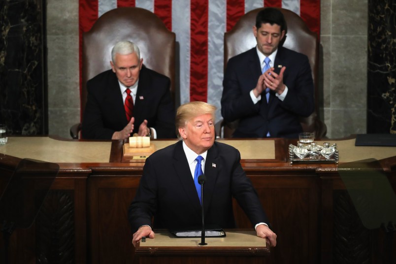 during the State of the Union address in the chamber of the U.S. House of Representatives January 30, 2018 in Washington, DC. This is the first State of the Union address given by U.S. President Donald Trump and his second joint-session address to Congress.