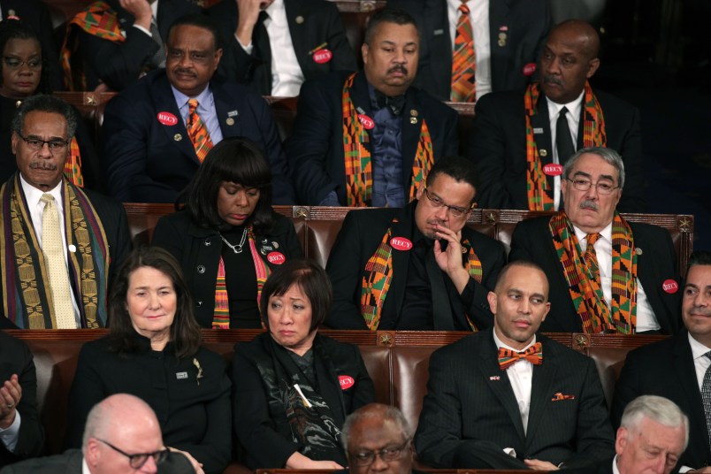 during the State of the Union address in the chamber of the U.S. House of Representatives January 30, 2018 in Washington, DC. This is the first State of the Union address given by U.S. President Donald Trump and his second joint-session address to Congress.
