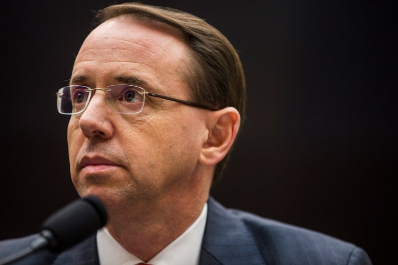 WASHINGTON, DC - DECEMBER 13: U.S. Deputy Attorney General Rod Rosenstein testifies during a a House Judiciary Committee hearing on December 13, 2017 in Washington, DC. (Photo by Zach Gibson/Getty Images)