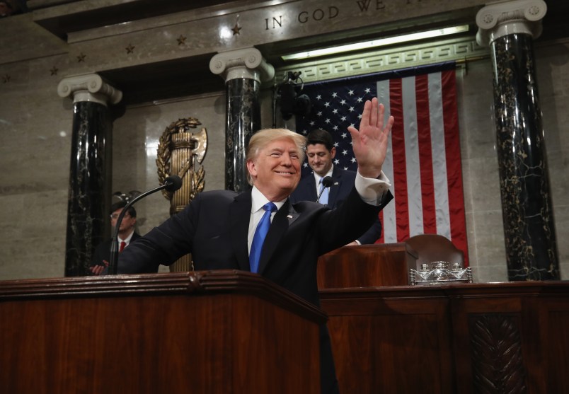 during the State of the Union address in the chamber of the U.S. House of Representatives January 30, 2018 in Washington, DC. This is the first State of the Union address given by U.S. President Donald Trump and his second joint-session address to Congress.