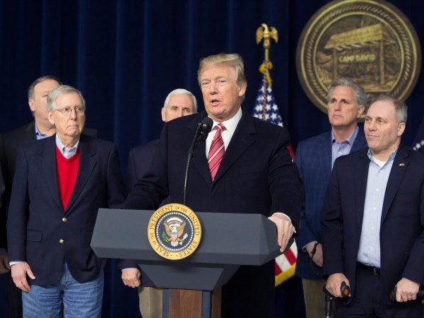 06 January 2018- Thurmont MD- U.S. President Donald J. Trump speaks at Camp David after holding meetings with staff, members of his Cabinet and Republican members of Congress to discuss the Republican legislative agenda for 2018.Photo Credit: Chris Kleponis/Sipa USA