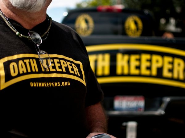 An Oath Keeper from Idaho in Bozeman, Montana. The "Oath Keepers" are a national, ultra-rightwing "Patriot" group comprised of former and active military, police and public safety personnel who have taken an oath to "uphold the Constitution" and to refuse to follow orders that they decide are unconstitutional.