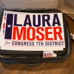HOUSTON, TX -- MAY 22, 2017: Laura Moser's campaign signs on a bag in her home in Houston, Monday May 22, 2017.  Moser is returning to Houston from Washington where her husband worked for the Obama Whitehouse, and is starting her effort to run for the 7th Congressional District in Texas currently occupied by Republican John Culberson. (Photo by Michael Stravato/For the Washington Post)