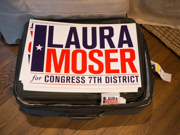 HOUSTON, TX -- MAY 22, 2017: Laura Moser's campaign signs on a bag in her home in Houston, Monday May 22, 2017.  Moser is returning to Houston from Washington where her husband worked for the Obama Whitehouse, and is starting her effort to run for the 7th Congressional District in Texas currently occupied by Republican John Culberson. (Photo by Michael Stravato/For the Washington Post)