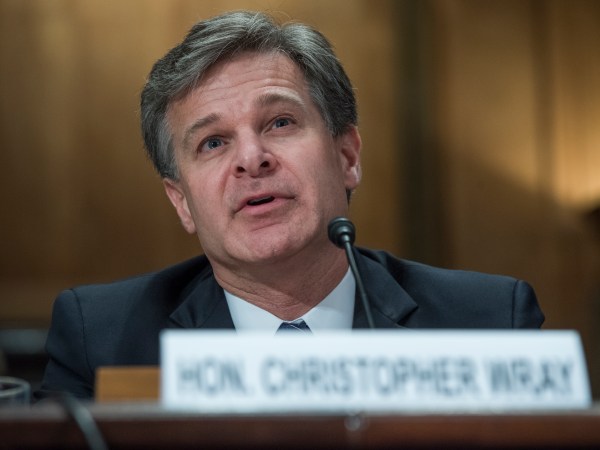UNITED STATES - SEPTEMBER 27: Chris Wray, FBI Director, testifies during a Senate Homeland Security and Governmental Affairs Committee hearing in Dirksen titled "Threats to the Homeland" on September 27, 2017. Elaine Duke, Acting Secretary of the Department of Homeland Security, and  Nicholas Rasmussen, Director of the National Counterterrorism Center, also testified. They fielded questions including hurricane response and border security. (Photo By Tom Williams/CQ Roll Call)