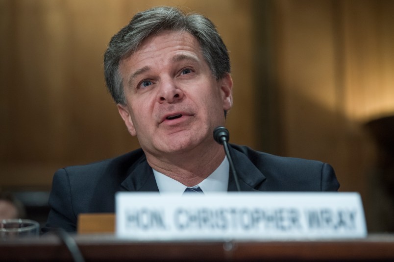 UNITED STATES - SEPTEMBER 27: Chris Wray, FBI Director, testifies during a Senate Homeland Security and Governmental Affairs Committee hearing in Dirksen titled "Threats to the Homeland" on September 27, 2017. Elaine Duke, Acting Secretary of the Department of Homeland Security, and  Nicholas Rasmussen, Director of the National Counterterrorism Center, also testified. They fielded questions including hurricane response and border security. (Photo By Tom Williams/CQ Roll Call)