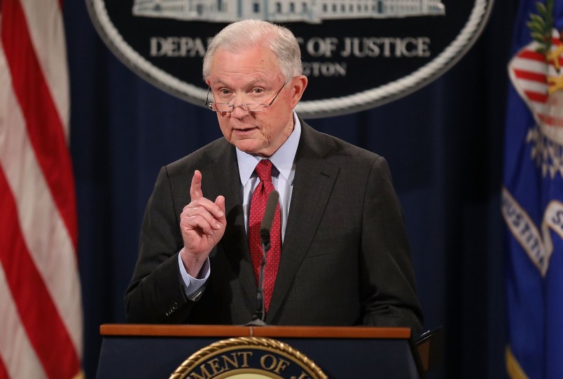 U.S. Attorney General Jeff Sessions holds a news conference at the Department of Justice December 15, 2017 in Washington, DC. Sessions called the question-and-answer session with reporters to highlight his department's fight to reduce violent crime.