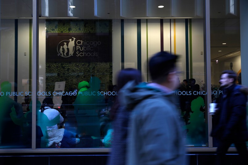 Students congregate in the lobby of the Chicago Public Schools headquarters on Dec. 6, 2017. A report from the district's inspector general said CPS employees "stole or misappropriated" thousands of dollars worth of school-purchased gift cards. (Jose M. Osorio/Chicago Tribune/TNS)