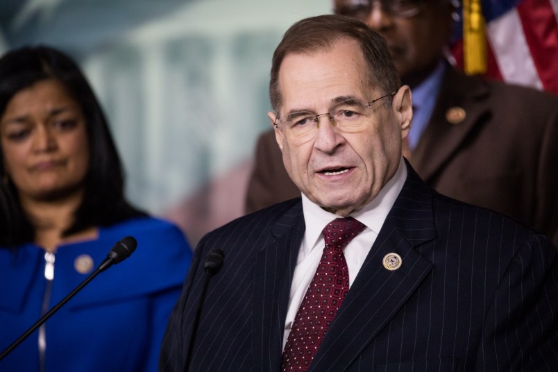 Rep. Jerry Nadler speaks with Reps Cedric Richmond, CBC and Judiciary Deomocrats by his side, as they introduced a resolution to censure President Donald Trump for what they called racist comments on Haiti, African Countries and El Salvador, on Capitol Hill, on Thursday, January 18, 2018. (Photo by Cheriss May) (Photo by Cheriss May/NurPhoto)