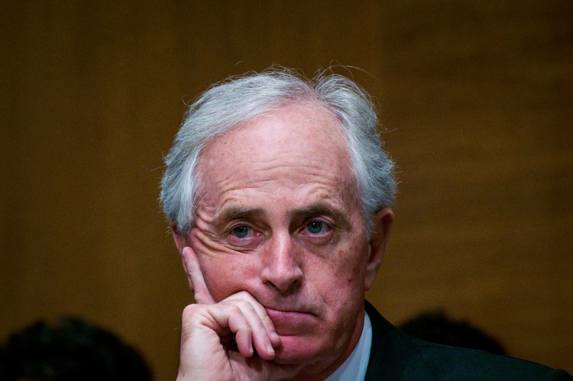 WASHINGTON, DC - JANUARY 30:  Senator Bob Corker (R-TN) looks on as Treasury Secretary Steven Mnuchin delivers the annual financial stability report to the Senate Banking, Housing and Urban Affairs Committee on January 30, 2018 in Washington, DC. Mnuchin said the Treasury can extend the government's debt limit suspension period into February before it exhausts its borrowing ability.  (Photo by Pete Marovich/Getty Images)