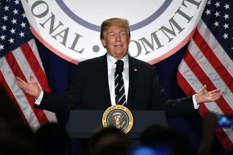 U.S. President Donald Trump delivers remarks at the Republican National Committee winter meeting  at the Trump International Hotel, February 1, 2018 in Washington, DC. Photo by Olivier Douliery/Abaca Press
