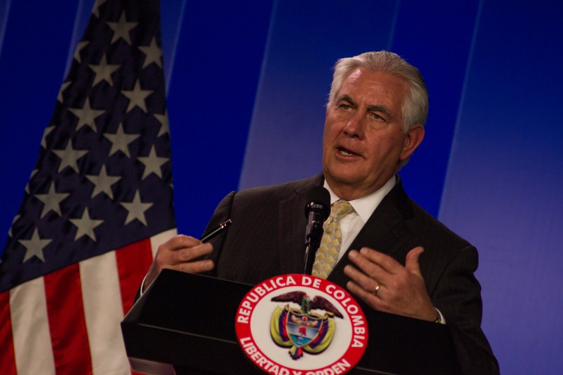U.S. Secretary of State Rex Tillerson speaks during a joint press conference with Colombia's President Juan Manuel Santos after they met at the presidential palace in Bogota, Colombia, Tuesday, Feb. 6, 2018. More than 100 social leaders and defenders of Ddhh have been killed during this year of peace agreement. Today marks the first year of the peace agreement between the government and the FARC-EP group (Photo by Daniel Garzon Herazo/NurPhoto)