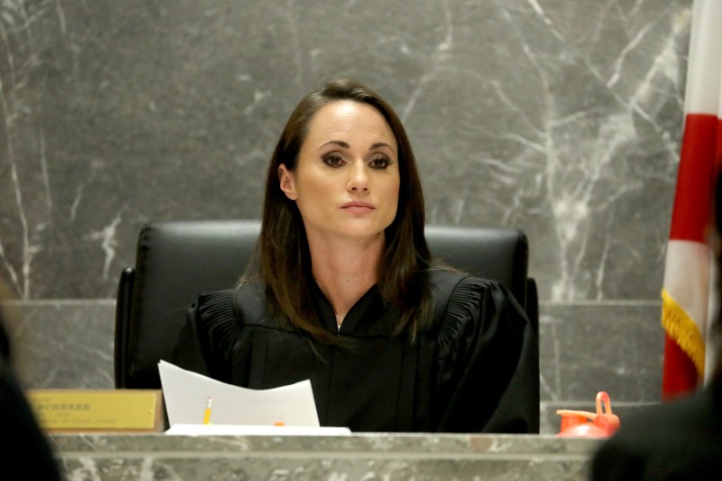 Broward Circuit Judge Elizabeth Scherer listens to arguments in the Nikolas Cruz status hearing on Monday, Feb. 19, 2018. Cruz faces 17 charges of premeditated murder in the mass shooting at Marjory Stoneman Douglas High School in Parkland, Fla. (Mike Stocker/Sun Sentinel/TNS)