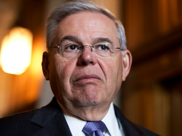 UNITED STATES - APRIL 21: Sen. Bob Menendez, D-N.J., talks with reporters before the senate policy luncheons on the Capitol, April 21, 2015. (Photo By Tom Williams/CQ Roll Call)
