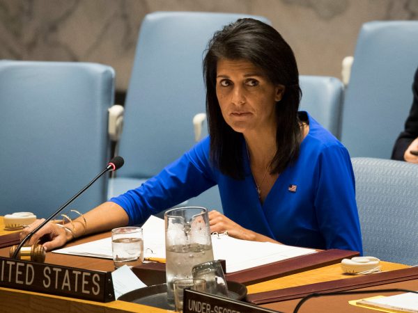 NEW YORK, NY - APRIL 5: U.S. Ambassador to the United Nations Nikki Haley chairs a meeting of the United Nations Security Council at U.N. headquarters, April 5, 2017 in New York City. The Security Council is holding emergency talks on Wednesday following the worst chemical attacks in years in Syria. (Photo by Drew Angerer/Getty Images)