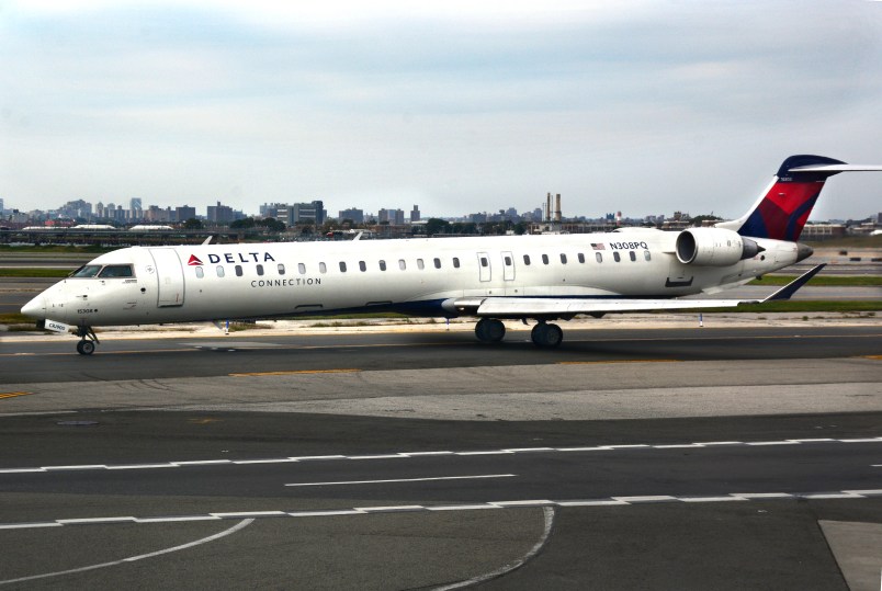 NEW YORK, NY - SEPTEMBER 21, 2017:  A Delta Connection passenger jet (Bombardier CRJ-900LR) taxis at LaGuardia Airport in New York, New York. (Photo by Robert Alexander/Getty Images)