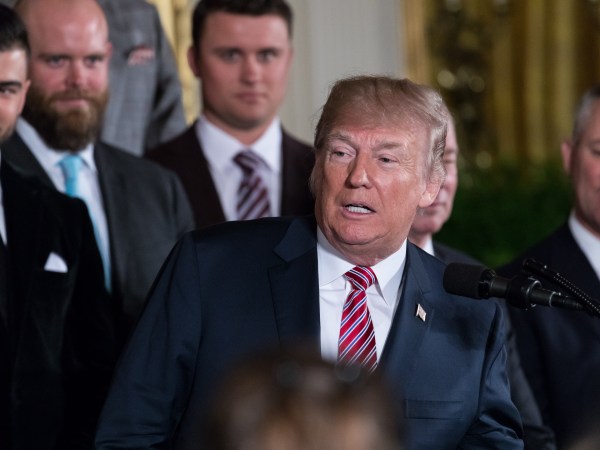 U.S. President Donald Trump welcomes the Houston Astros to the White House to celebrate their World Series Championship, in the East Room, on Monday, March 12, 2018. (Photo by Cheriss May) (Photo by Cheriss May/NurPhoto)