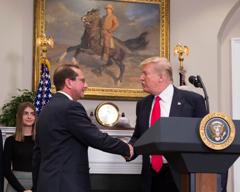 U.S. President Donald J. Trump greets  Alex Azar at his swearing-in ceremony to be Secretary of the Department of Health and Human Services at The White House in Washington, DC, January  29, 2018. Credit: Chris Kleponis / Polaris