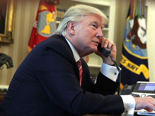 WASHINGTON, DC - JUNE 27:  U.S. President Donald Trump speaks on the phone with Irish Prime Minister Leo Varadkar on the phone in the Oval Office of the White House June 27, 2017 in Washington, DC. President Trump congratulated Prime Minister Varadkar to become the new leader of Ireland.  (Photo by Alex Wong/Getty Images)