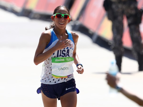 during the Women's Marathon on Day 9 of the Rio 2016 Olympic Games at the Sambodromo on August 14, 2016 in Rio de Janeiro, Brazil.