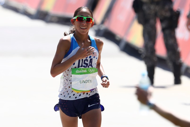 during the Women's Marathon on Day 9 of the Rio 2016 Olympic Games at the Sambodromo on August 14, 2016 in Rio de Janeiro, Brazil.