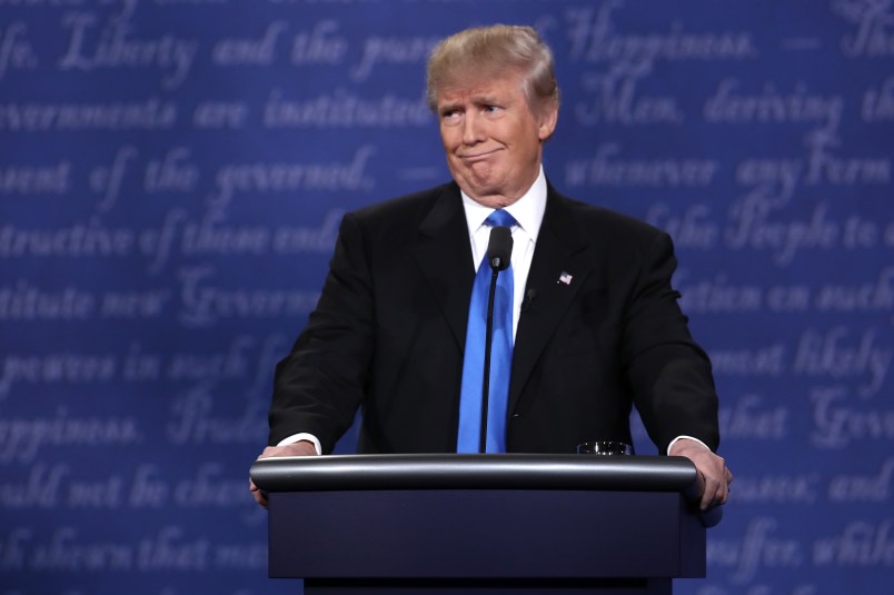 during the Presidential Debate at Hofstra University on September 26, 2016 in Hempstead, New York.  The first of four debates for the 2016 Election, three Presidential and one Vice Presidential, is moderated by NBC's Lester Holt.