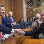 UNITED STATES - JANUARY 18: Chairman John Barrasso, R-Wyo., left, greets Scott Pruitt, President-elect Trump's nominee to be administrator of the Environmental Protection Agency, before his Senate Environment and Public Works Committee confirmation hearing in Dirksen Building, January 18, 2017. (Photo By Tom Williams/CQ Roll Call)