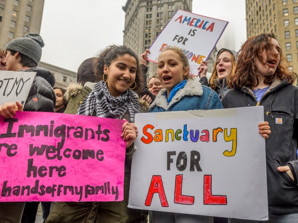 FOLEY SQUARE, NEW YORK, NY, UNITED STATES - 2017/02/07: High School and College students from across New York City walked out of classes at noon and congregated at Foley Square, united in opposition to the recent illegal executive order targeting Muslims and refugees, also known as the “Muslim Ban.”. (Photo by Erik Mcgregor/Pacific Press/LightRocket via Getty Images)