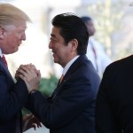 WASHINGTON, DC - FEBRUARY 10:  President Donald Trump (L) greets Japanese Prime Minister Shinzo Abe as he arrives at the White House on February 10, 2017 in Washington, DC. The two will hold a bilateral meeting and press conference today at the White House.  (Photo by Mario Tama/Getty Images)