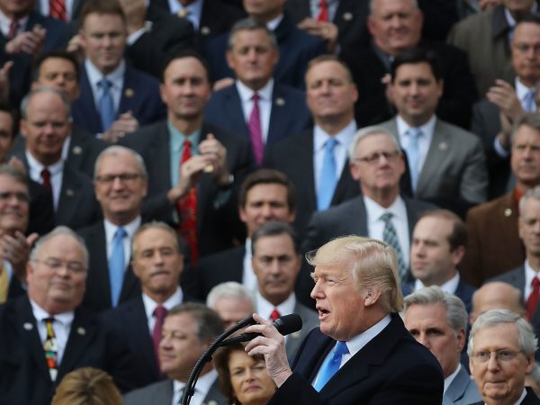 U.S. President Donald Trump hosts an event to celebrate Congress passing the Tax Cuts and Jobs Act with Republican members of the House and Senate on the South Lawn of the White House December 20, 2017 in Washington, DC. The tax bill is the first major legislative victory for the GOP-controlled Congress and Trump since he took office almost one year ago.