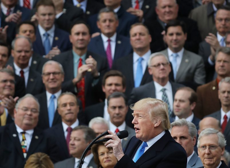 U.S. President Donald Trump hosts an event to celebrate Congress passing the Tax Cuts and Jobs Act with Republican members of the House and Senate on the South Lawn of the White House December 20, 2017 in Washington, DC. The tax bill is the first major legislative victory for the GOP-controlled Congress and Trump since he took office almost one year ago.