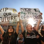LOS ANGELES, CA - NOVEMBER 19:  University of California Los Angeles (UCLA) students and supporters protest as the UC Board of Regents meets to vote on a 32 percent tuition hike next year on November 19, 2009 in Los Angeles, California. Undergraduate fees for students at the California university system would be paying about $2,500 more. It is the second day that demonstrators, including students from other UC campuses, have gather to try to dissuade the board from approving the proposed increase. Massive cuts to balance the state budget have squeezed education funds in California.   (Photo by David McNew/Getty Images)
