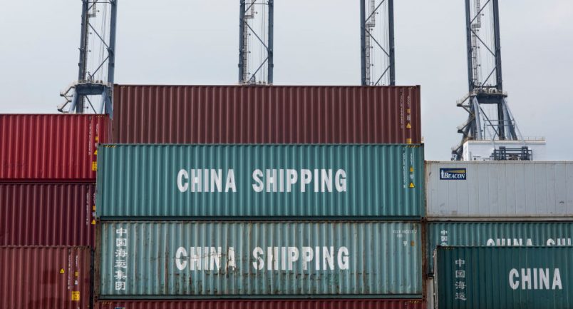 TSING YI ISLAND, CONTAINER TERMINAL, HONG KONG, NEW TERRITORIES - 2018/03/30: China Shipping containers seen at the Container terminal in Hong Kong.The Hong Kong Container Terminals is the sixth busiest container port in the world. It handled over 20 million TEUs in 2017. (Photo by Miguel Candela/SOPA Images/LightRocket via Getty Images)