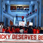 FRANKFORT, KY-APRIL 2: Public school teachers and their supporters protest against a pension reform bill outside the senate chambers at the Kentucky State Capital April 2, 2018 in Frankfort, Kentucky. The teachers are calling for higher wages and are demanding that Kentucky Gov. Matt Bevin veto a bill that overhauls their pension plan. (Bill Pugliano/Getty Images)
